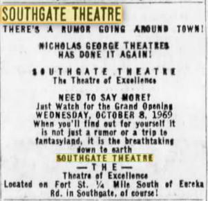 grand opening ad sept 1969 Southgate 4, Southgate